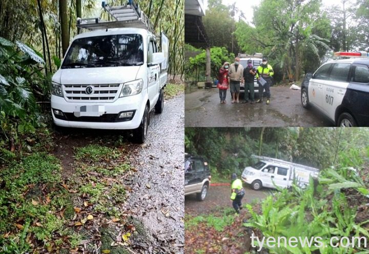 司機大雨中送貨車卡泥地 大溪警與山警合力拖拉 120428