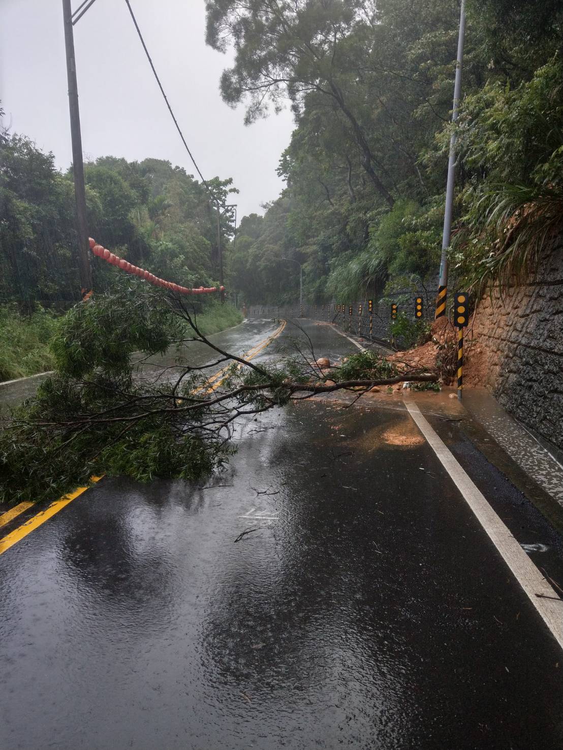 龜山區大坑路三段土石坍方,造成一半車道封閉。圖:諶志明翻攝 龜山區大坑路三段土石坍方,造成一半車道封閉。圖:諶志明翻攝
