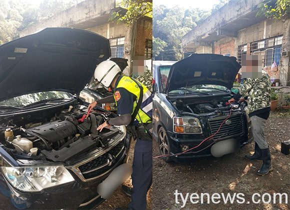 男山區養鴨回程發不動車 大坑所警車接電助返家 S 147292206