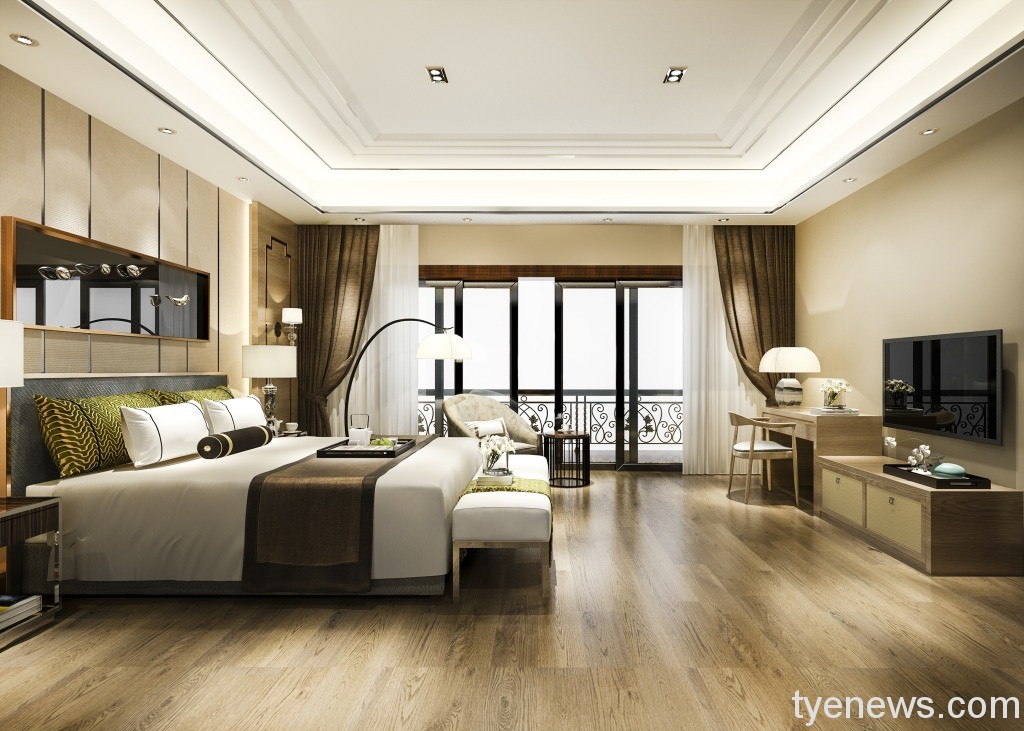 luxury bedroom suite resort high rise hotel with working table