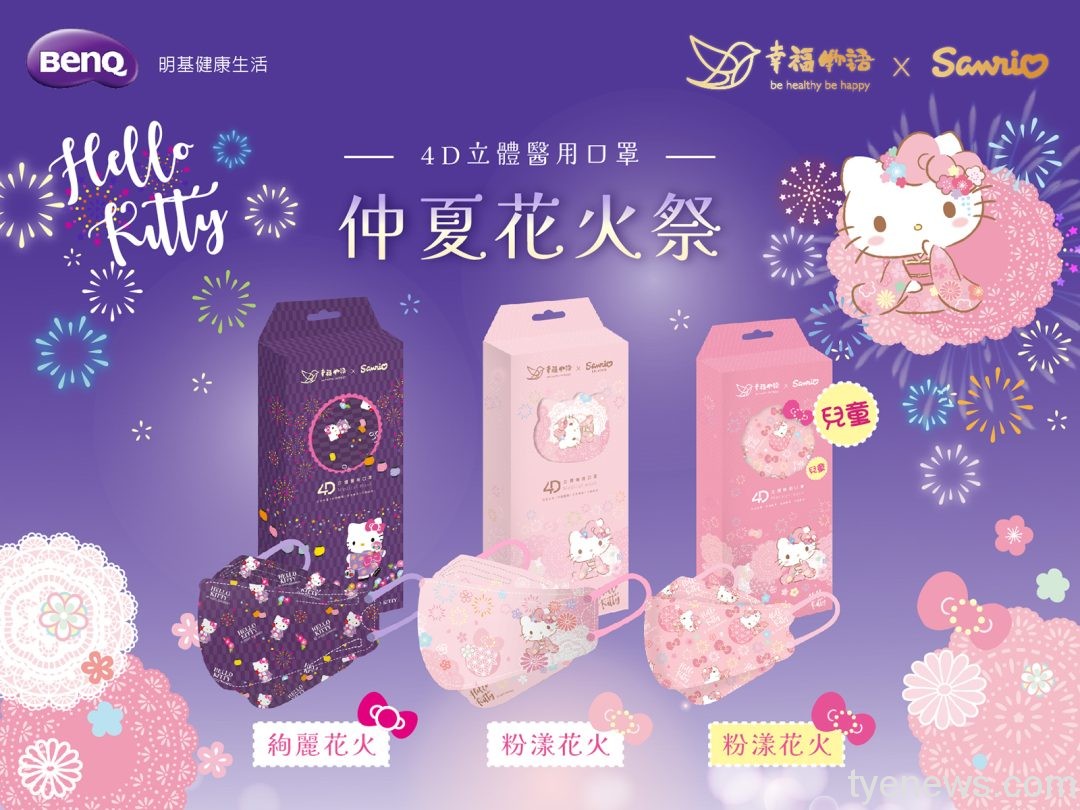 攜手迎仲夏 璀璨花火出國趣 Hello Kitty夢幻聯名 x 明基幸福物語「4D立體醫療口罩」 圖一、日本花火節三麗鷗立體口罩