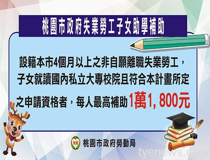 「桃市失業勞工子女助學補助」最高可申請1萬1千8 失業勞工子女就學補助 圖檔