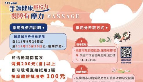 桃市勞動局視障按摩百元抵用券 8/26起開放索取