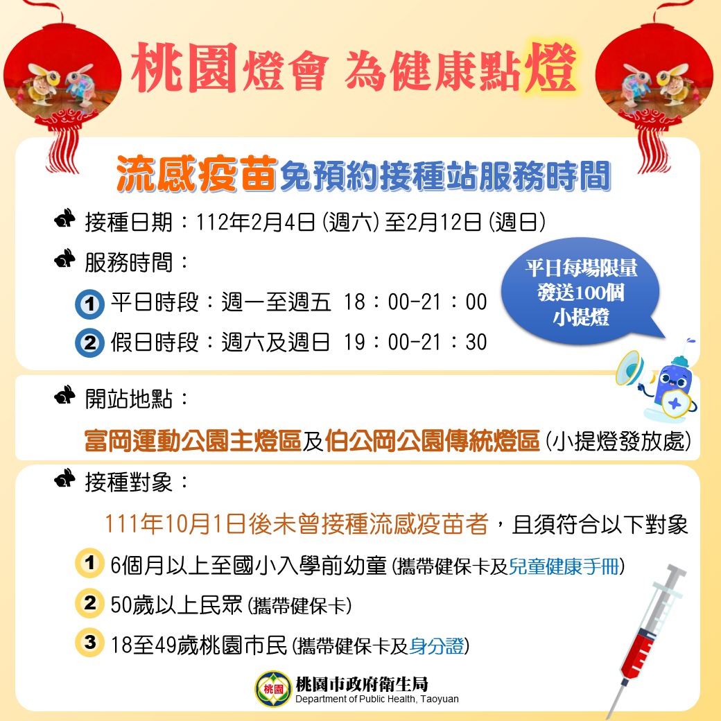 桃園燈會設置流感疫苗接種站 限量小兔提燈加碼送 桃園燈會 流感接種站V2