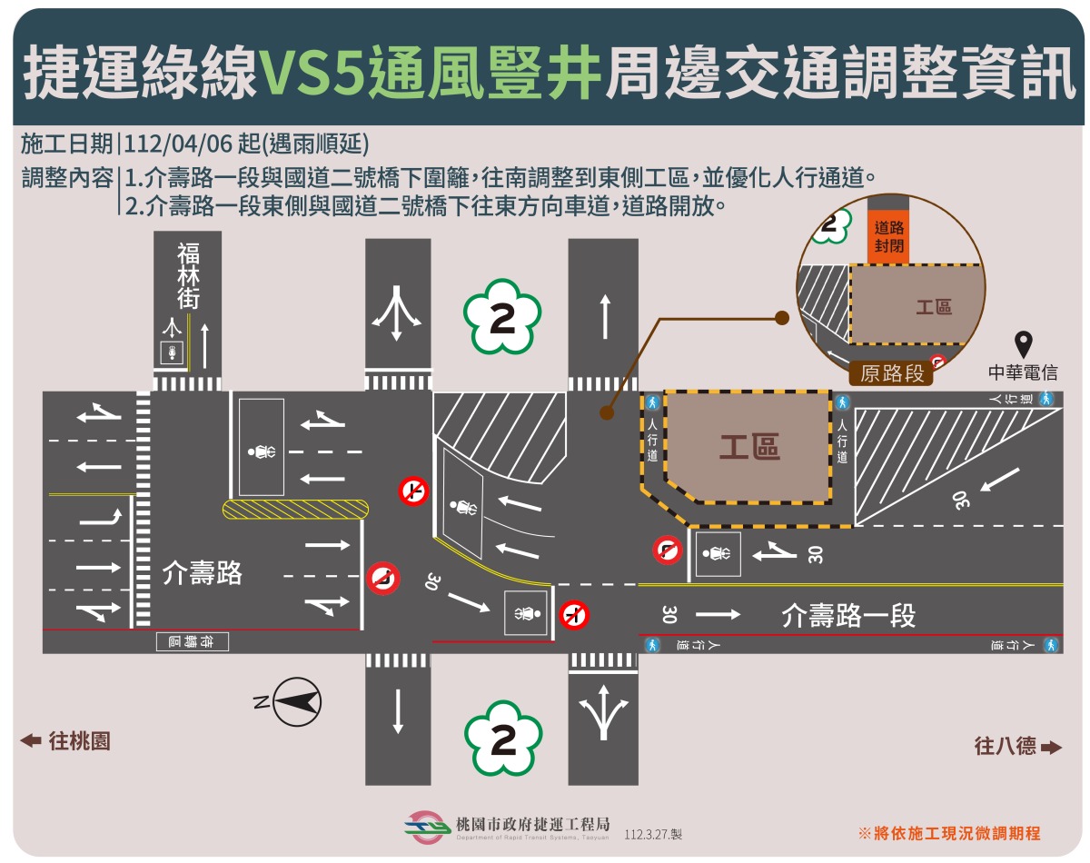 桃捷綠線施工圍籬退縮 八德介壽路國2橋下往東車道4/6恢復通行 捷運綠線VS5通風豎井第3階段周邊交通調整資訊0327 核定版