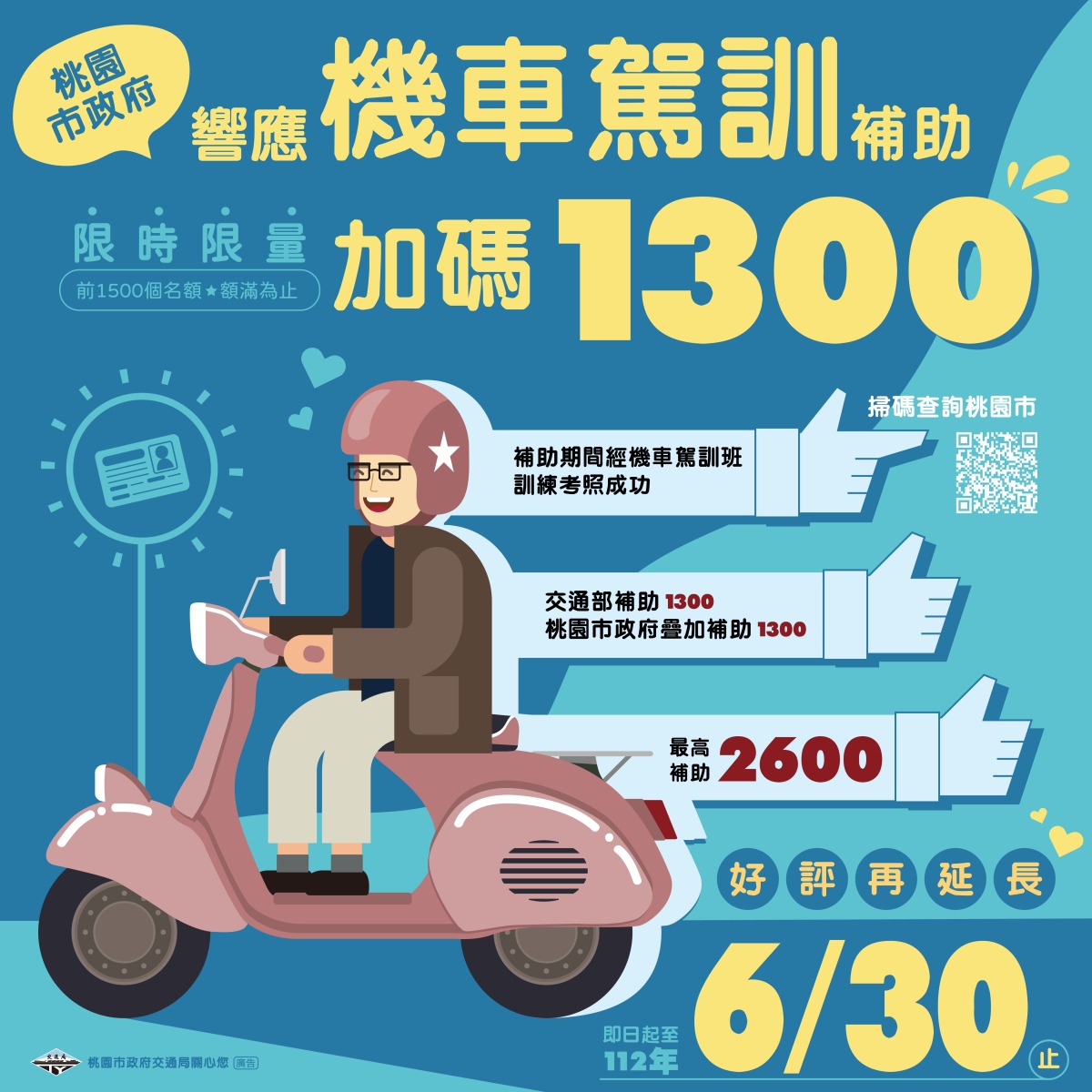 限1500人!桃園交通局攜手公路總局 機車駕訓班最高補助2600元 駕訓延長至6月底宣導圖