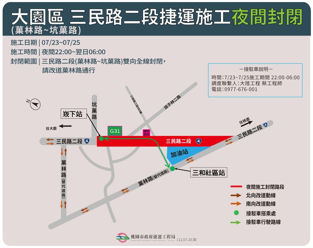 注意!桃捷綠線施工 大園區這路段7/23~7/25實施夜間封閉 11207230725 交維圖