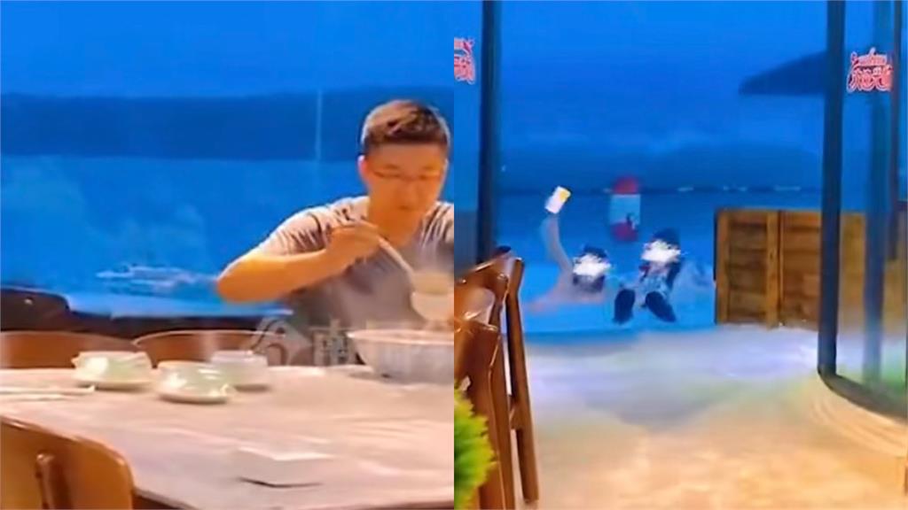 比基尼辣妹被浪「沖進餐廳」饕客超淡定!10秒片曝