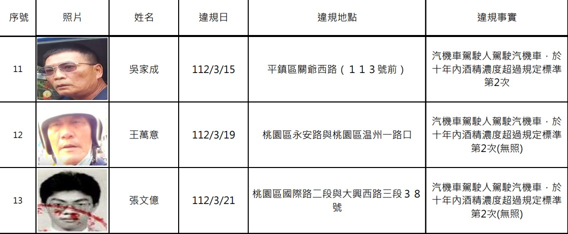 桃園公布酒駕累犯 13人姓名、照片曝 螢幕擷取畫面 1006