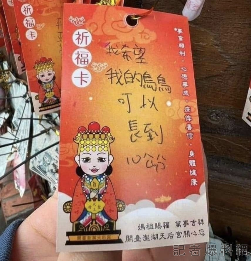 「我希望鳥鳥可以長到1公分」宮廟出現奇葩祈福卡 網譏：自曝其短