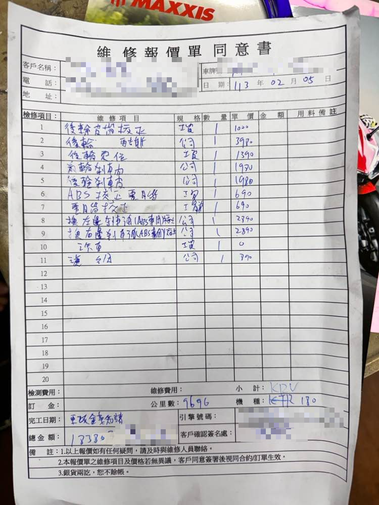 白牌重機保養換輪胎要價1萬8千多 網友:鑲金的機車?