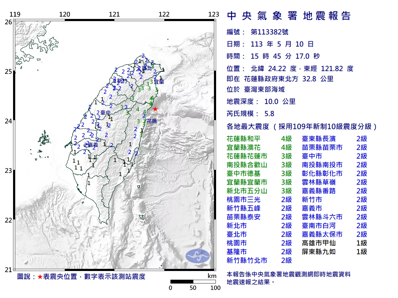 快訊/15:45芮氏規模5.8地震 桃園最大震度2級 EC0510154558382 H
