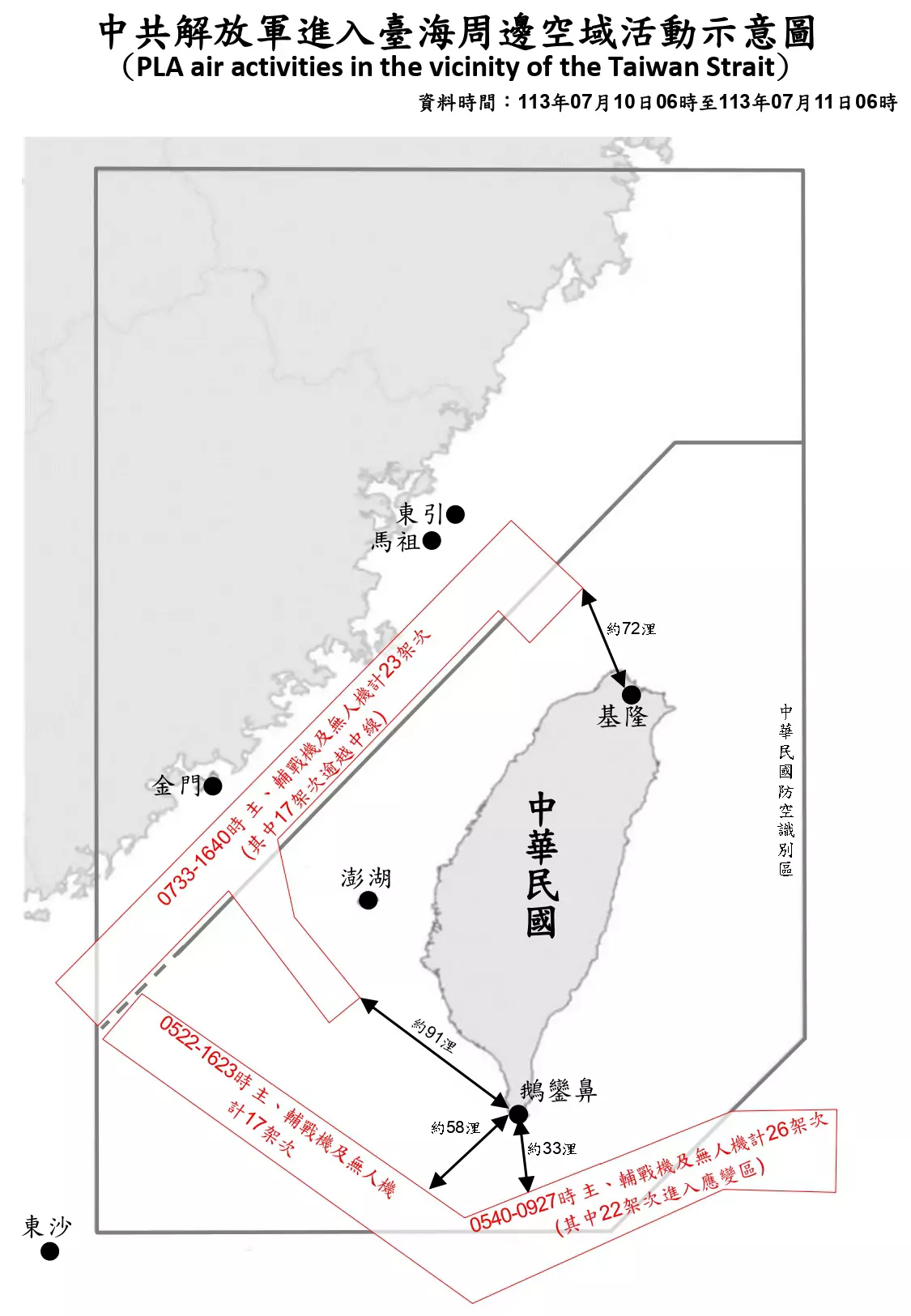 國軍偵測66共機、7共艦三面環台 創今年新高 1130711 臺海周邊海、空域活動示意圖 593397