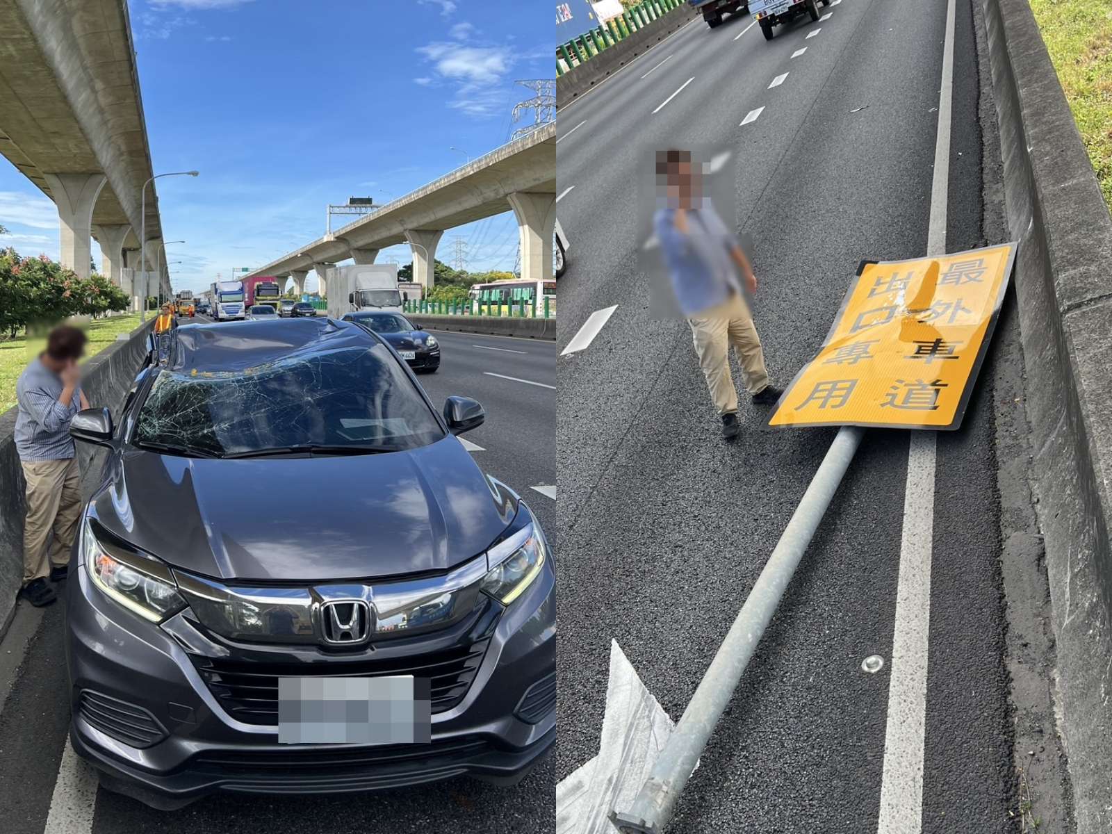 扯！天外飛來國道標誌牌 自小客開到一半車頂被砸凹
