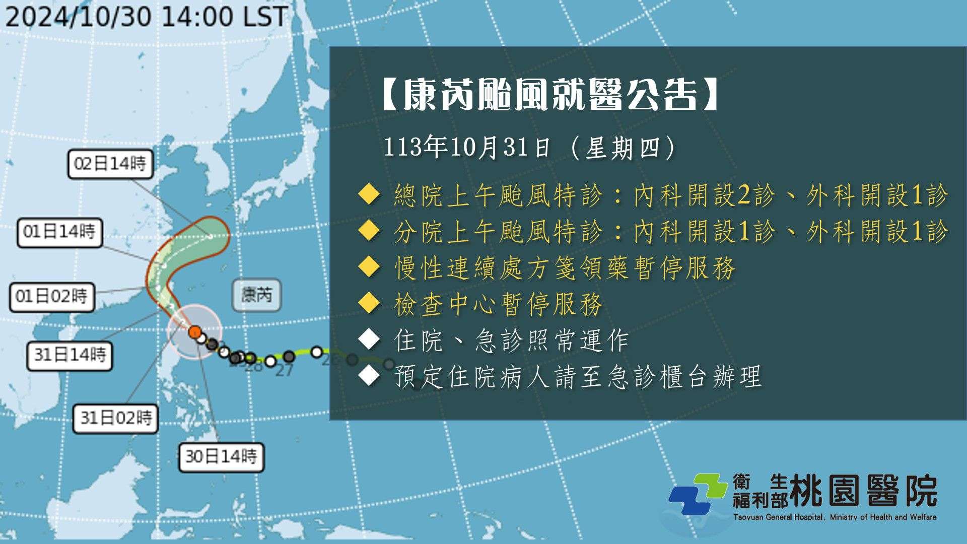 康芮颱風來襲!桃園醫療院所門診服務異動 wp 1730299608679963524258345670268