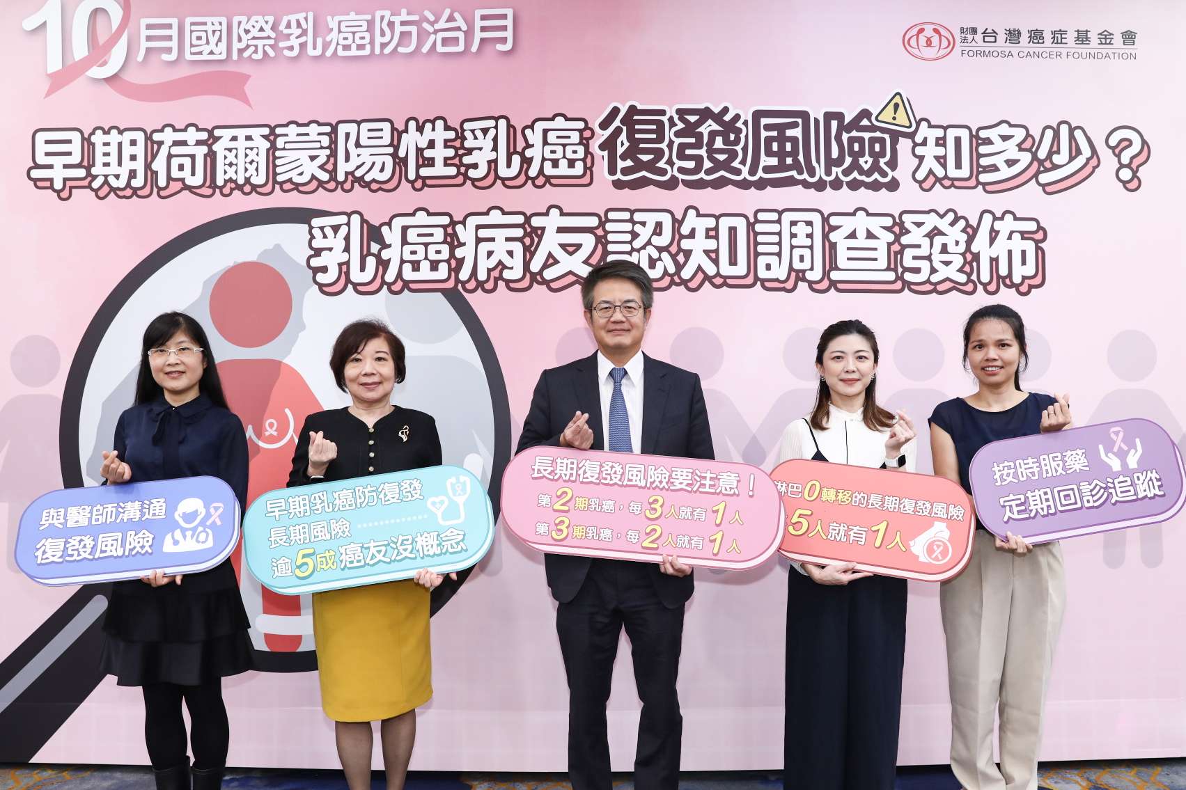 圖1：大合照台灣癌症基金會與醫師呼籲早期荷爾蒙乳癌病友重視長期復發的風險問題。