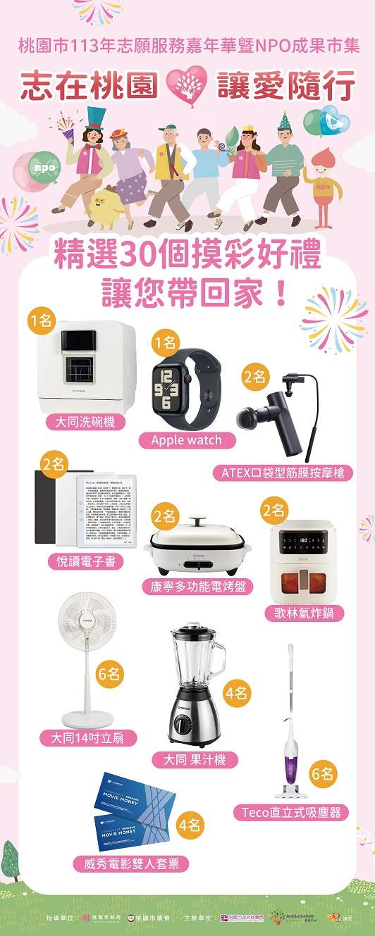 摸彩獎品超豐富!桃園社會局志願服務嘉年華暨NPO成果市集11/30登場 精選30個摸彩好禮讓您帶回家