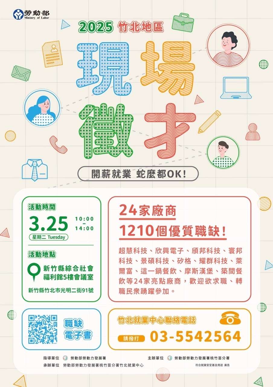 勞動部桃竹苗分署3/25舉辦徵才活動 24廠商釋出1210職缺 S 81813602