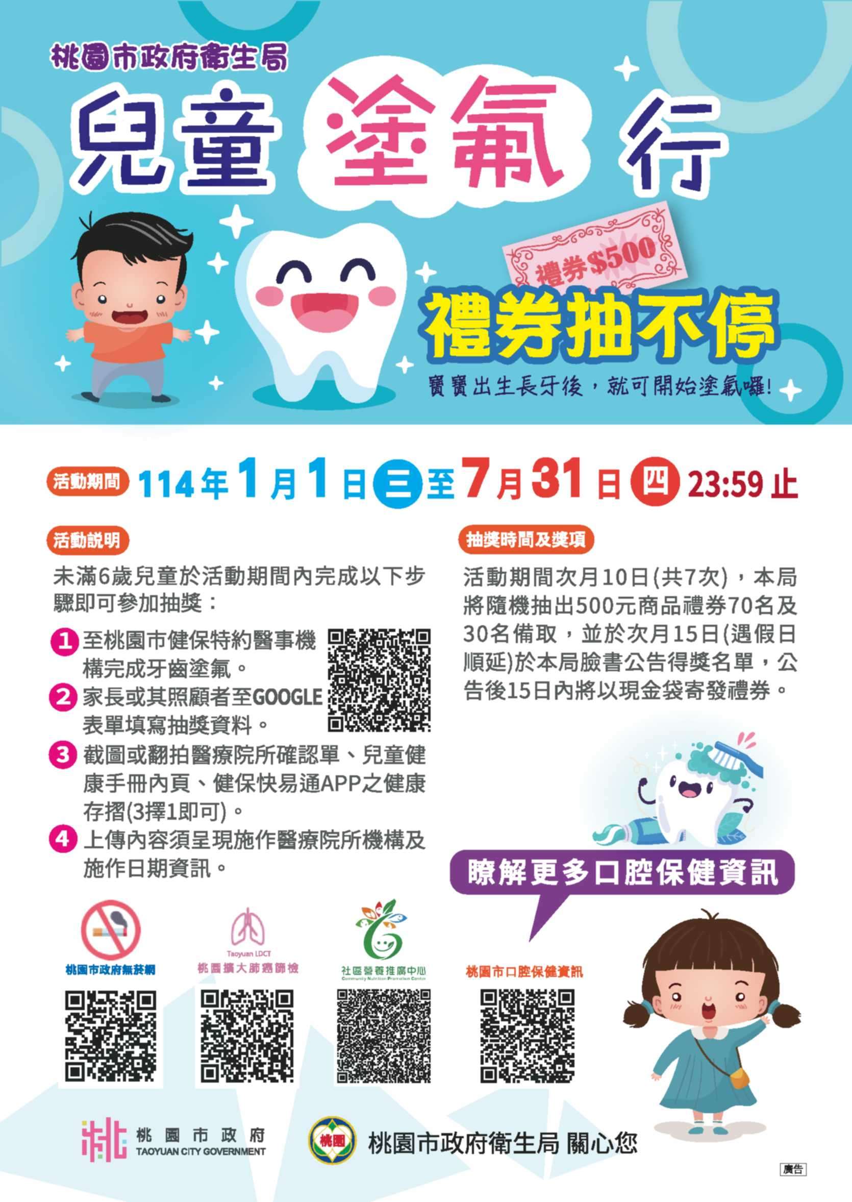 桃園衛生局明舉辦兒童免費塗氟活動 送超人氣「吉伊卡哇」娃娃 圖片1 抽獎活動海報