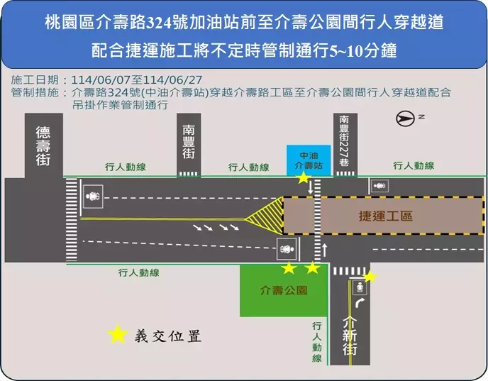 行人注意!配合捷運綠線工程 桃園區介壽路「這條行穿線」6/7起施工管制 行人注意!配合捷運綠線工程 桃園區介壽路「這條行穿線」6/7起施工管制