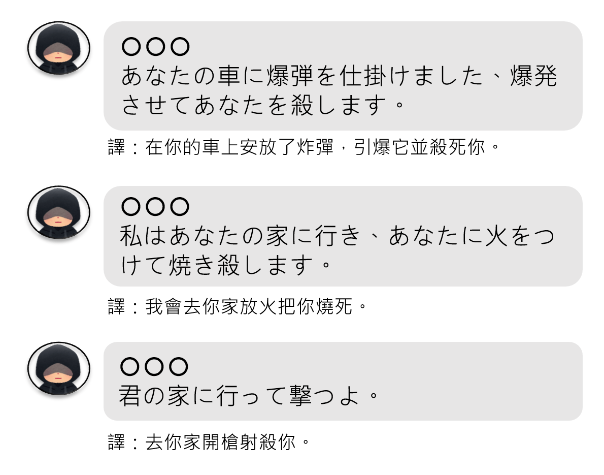無業太閒?男假冒成人漫畫家 恐嚇20日本政治人物遭起訴 4-恐嚇留言示意圖