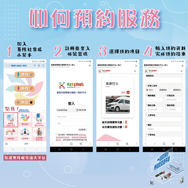 民眾可利用「基隆社會處小幫手」進入平台申請交通預約。圖／基隆市政府社會處提供。 0 1