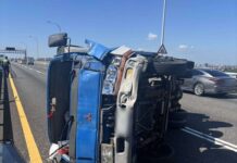 疑操作不當自撞護欄 小貨車側翻躺路中