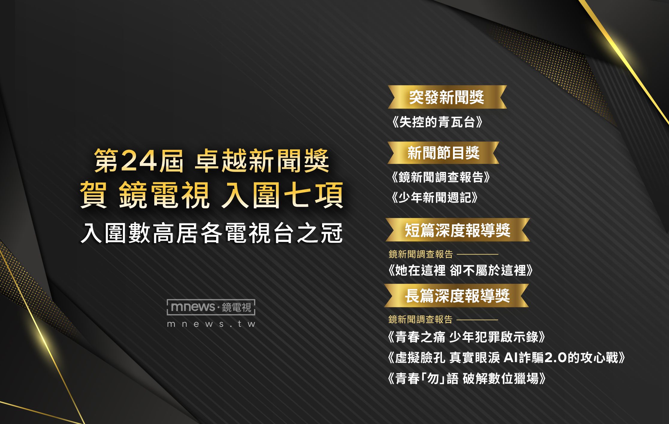 卓越新聞獎公布入圍 鏡電視破紀錄入圍7項名列電視台第一