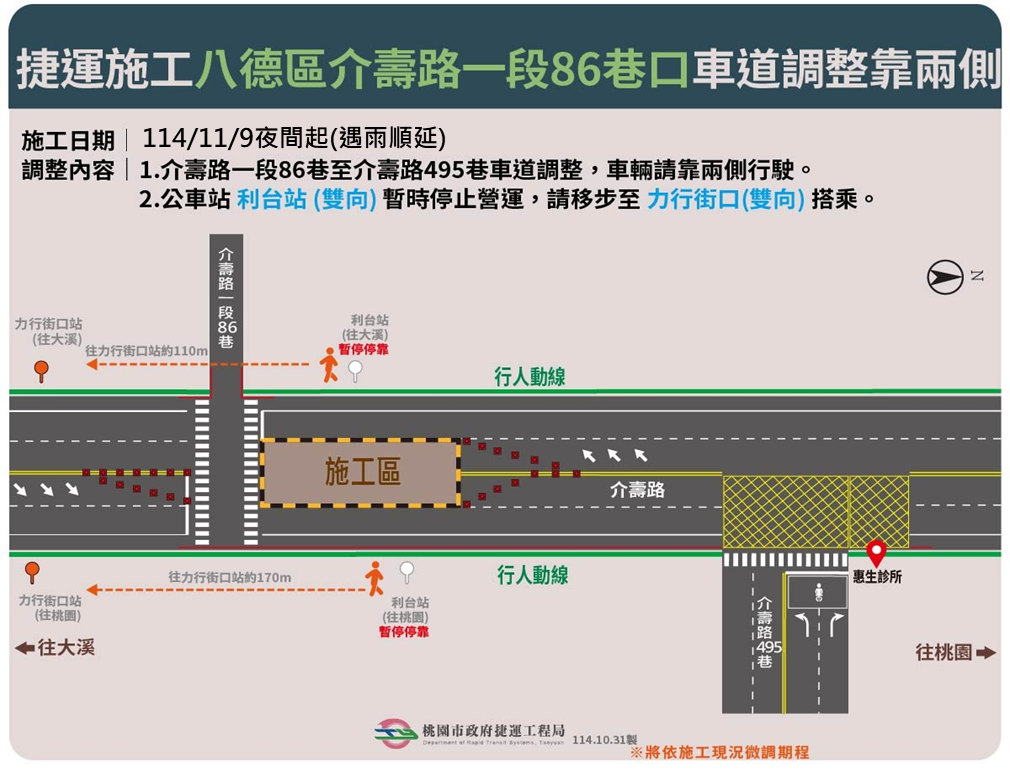 八德介壽路配合桃捷綠線施工 道路縮減、1公車站牌暫停搭乘 1325466