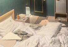 中壢區旅館天花板突崩落 男子頭部險遭水泥砸