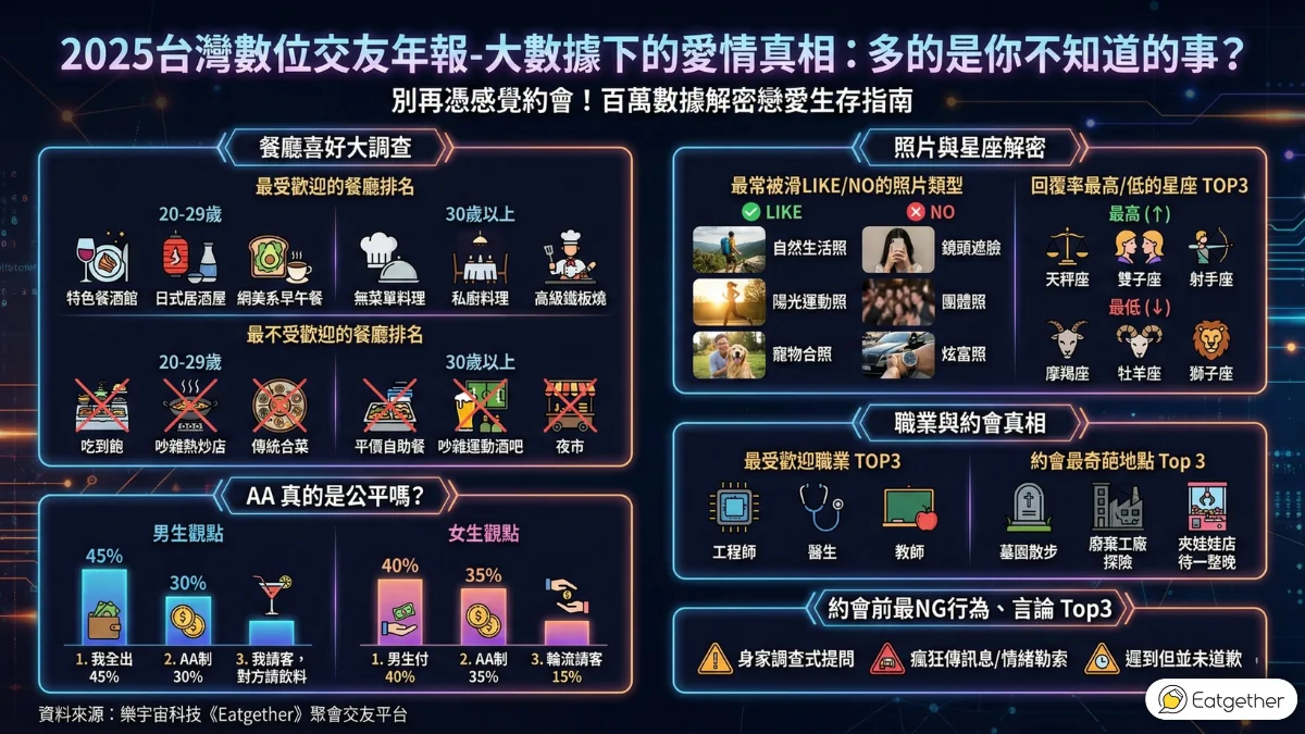 《Eatgether》公布2025台灣交友年報 45%男生願全額買單!約會餐廳怎麼選?「這類型」被拒 《Eatgether》公布2025台灣交友年報 45%男生願全額買單!約會餐廳怎麼選?「這類型」被拒
