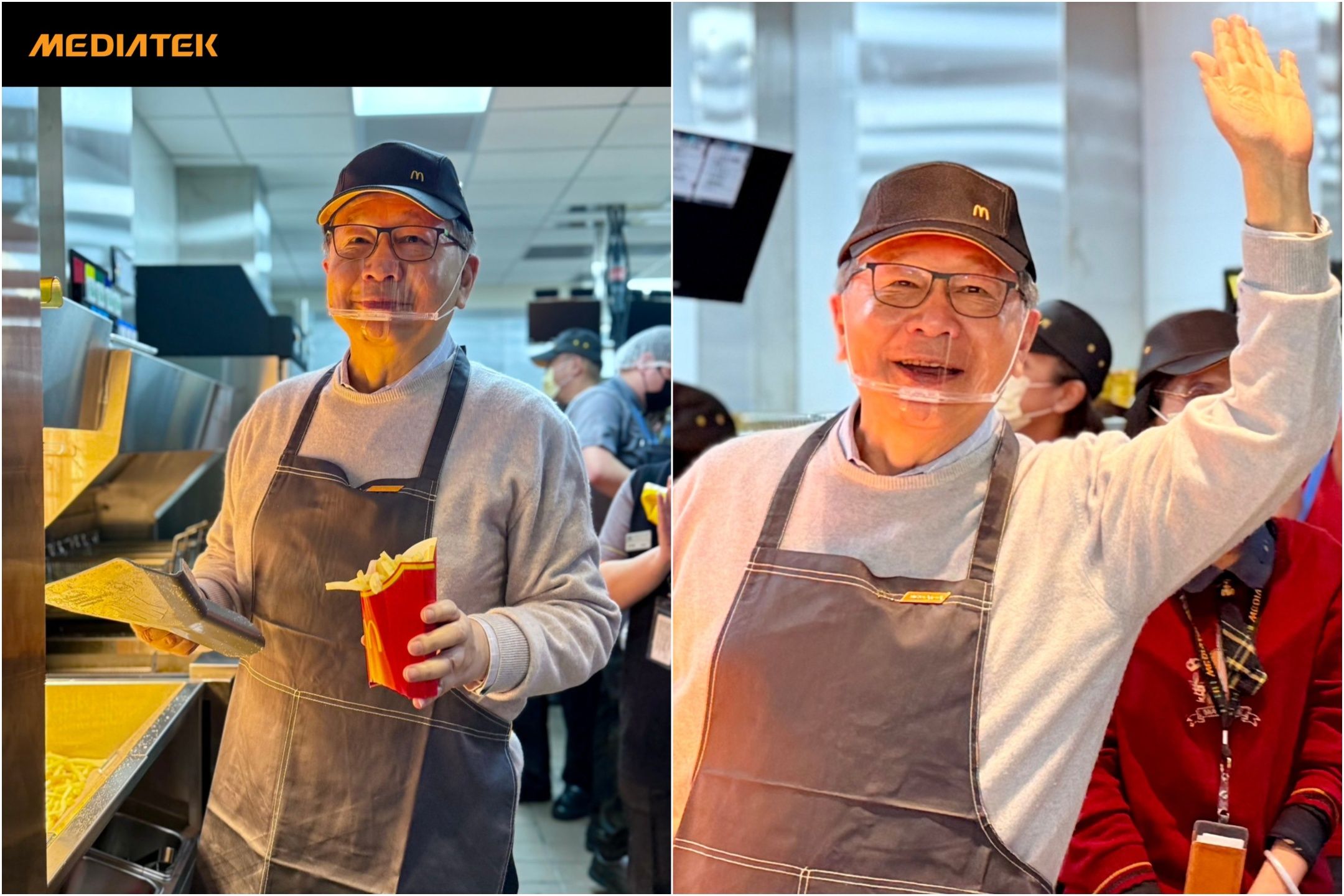 聯發科總部麥當勞開幕 蔡力行穿制服鏟薯條、親站櫃台