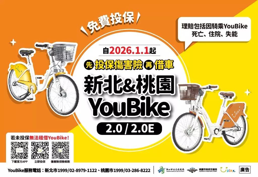 桃園YouBike新制!明年元旦起投保「免費公共自行車傷害險」才可借車 h545hgwet