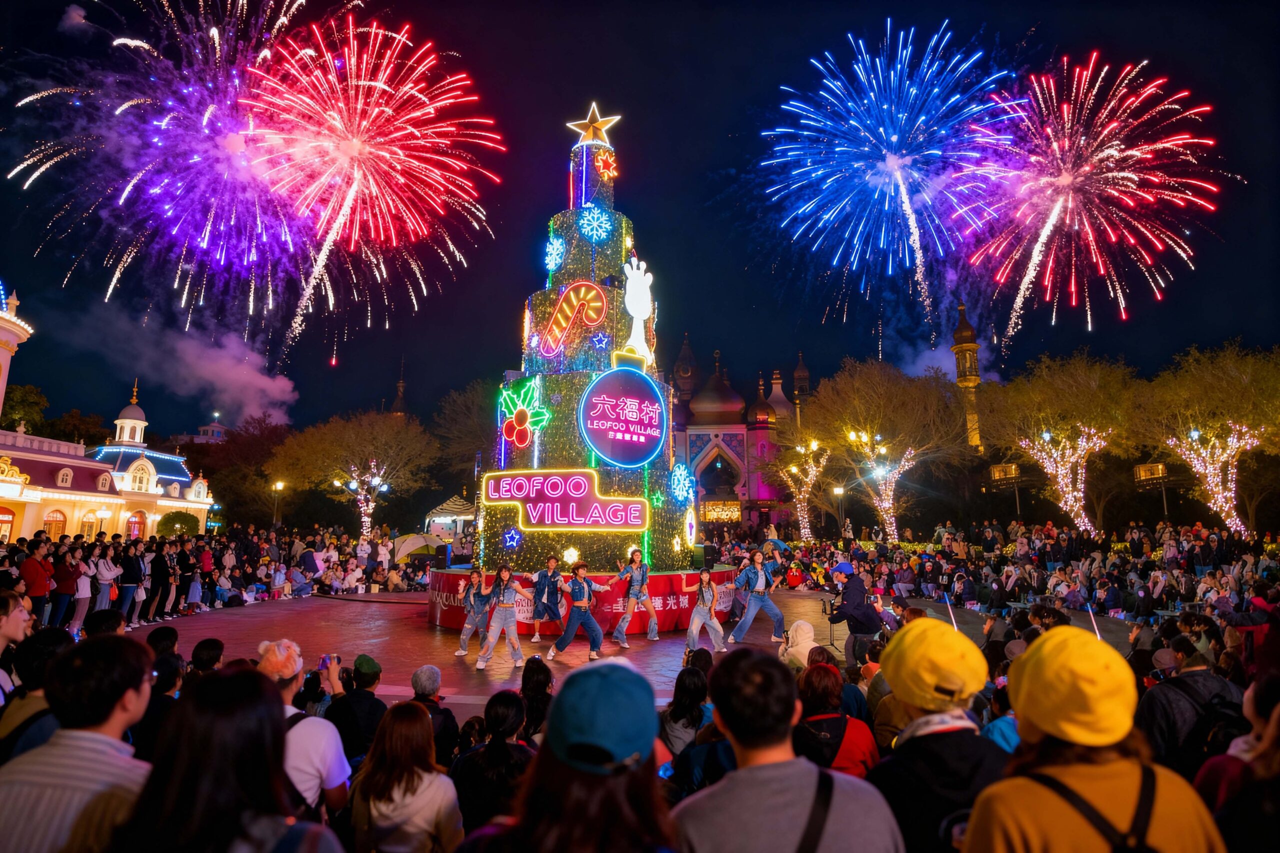 圖說、六福跨年 YA！派對 High 翻樂園夜將施放300秒絢麗煙火，搭配園區12米高的夜光霓虹耶誕樹與精彩跨年演出，預計吸引大批遊客齊聚倒數迎接 2026 年 scaled