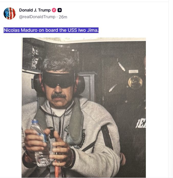 押解畫面曝光!川普PO照「馬杜洛戴眼罩、手銬」登硫磺島號