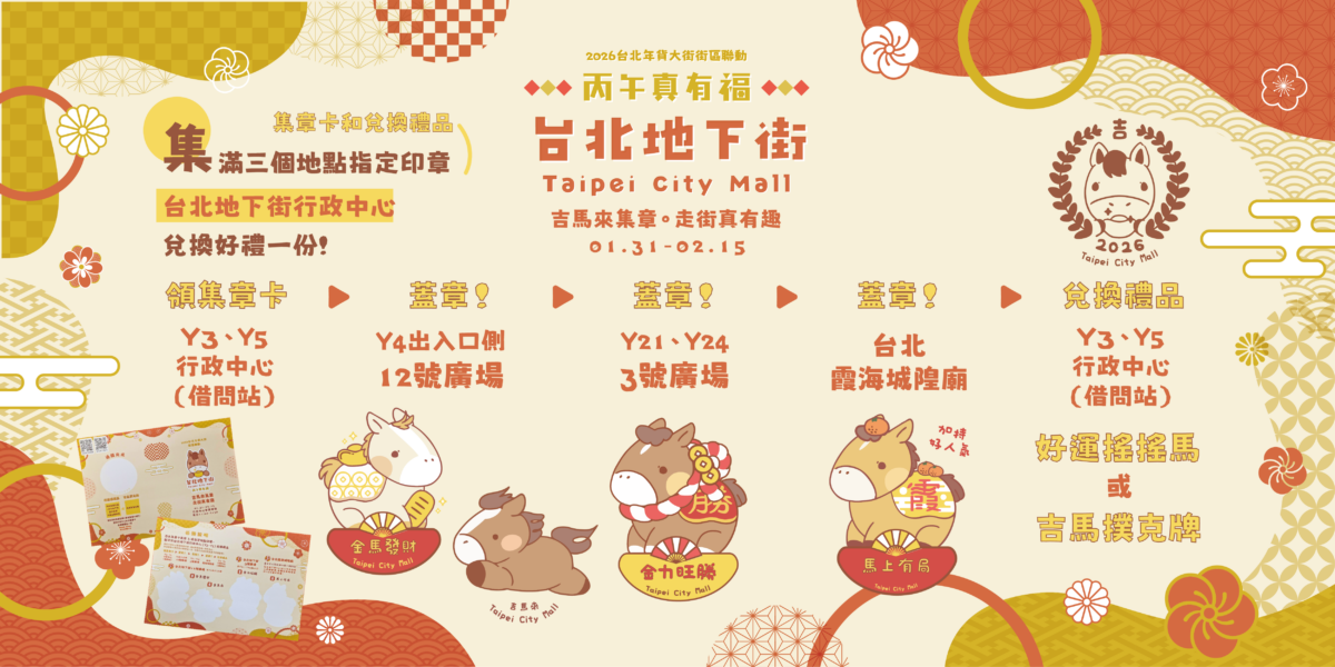 即日起至2月15日，台北地下街響應2026台北年貨大街，與台北霞海城隍廟推出「吉馬來集章