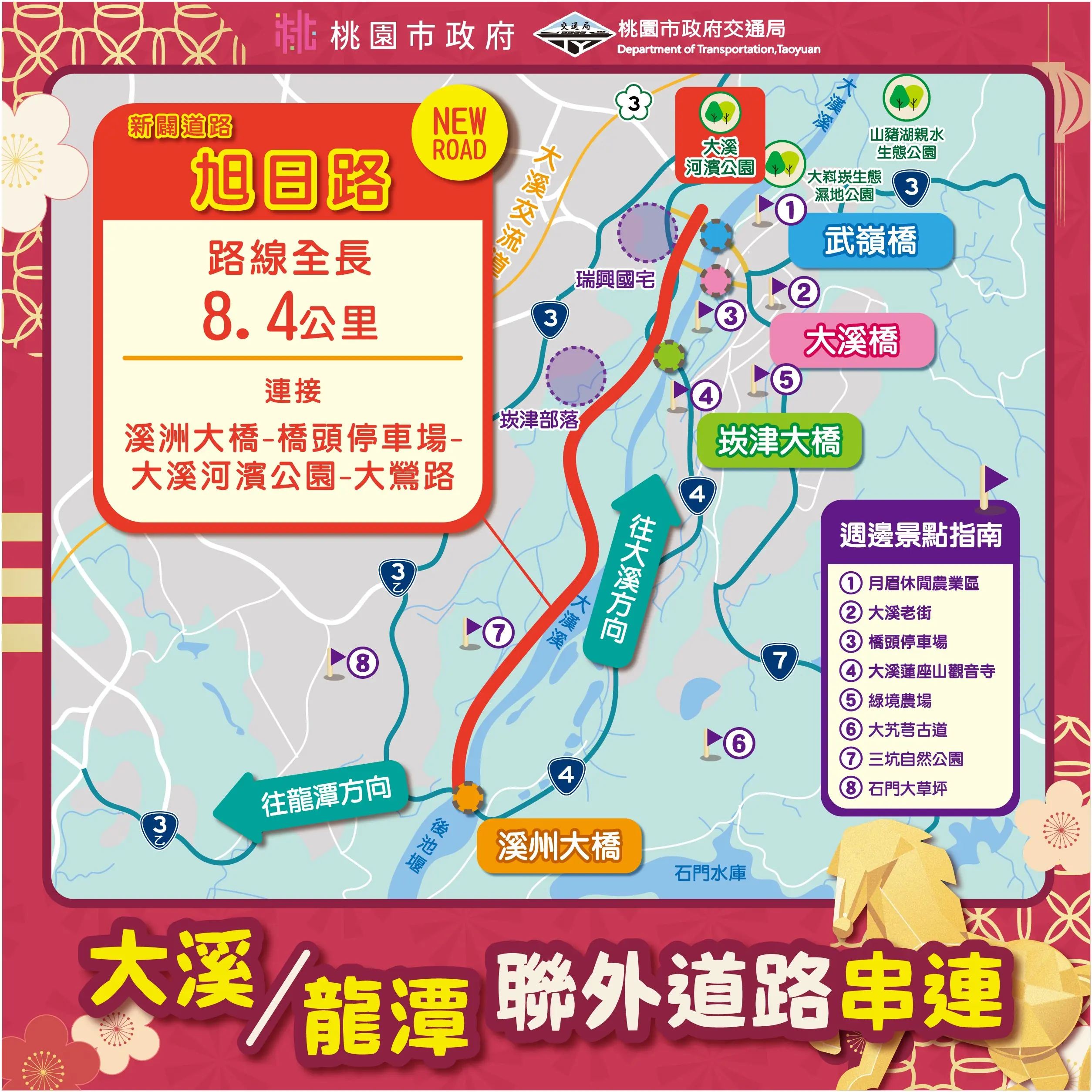 過年走春必看!桃園交通局籲車停大溪左岸 搭接駁車進老城區 2026春節懶人包 11 大溪新闢道路旭日路動線 0