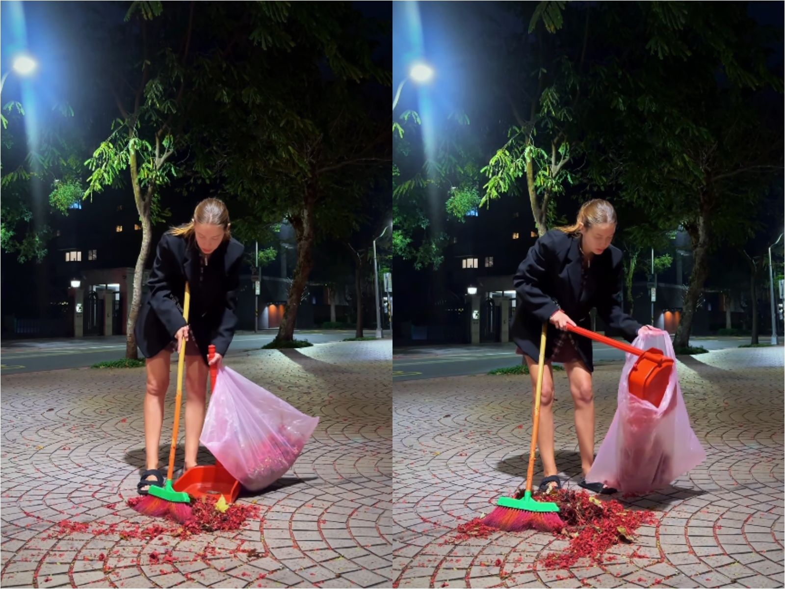 親見民眾路口放鞭炮後留滿地紙屑 女星安妮默默掃街呼籲尊重