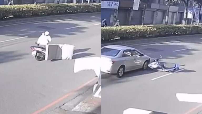 【有片】可怕！內壢天外飛來床墊絆倒機車 騎士慘摔險遭輾過