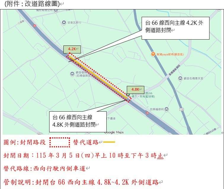 記得改道!台66西向桃園觀音路段外側3/5管制5H 台66線改道路線圖