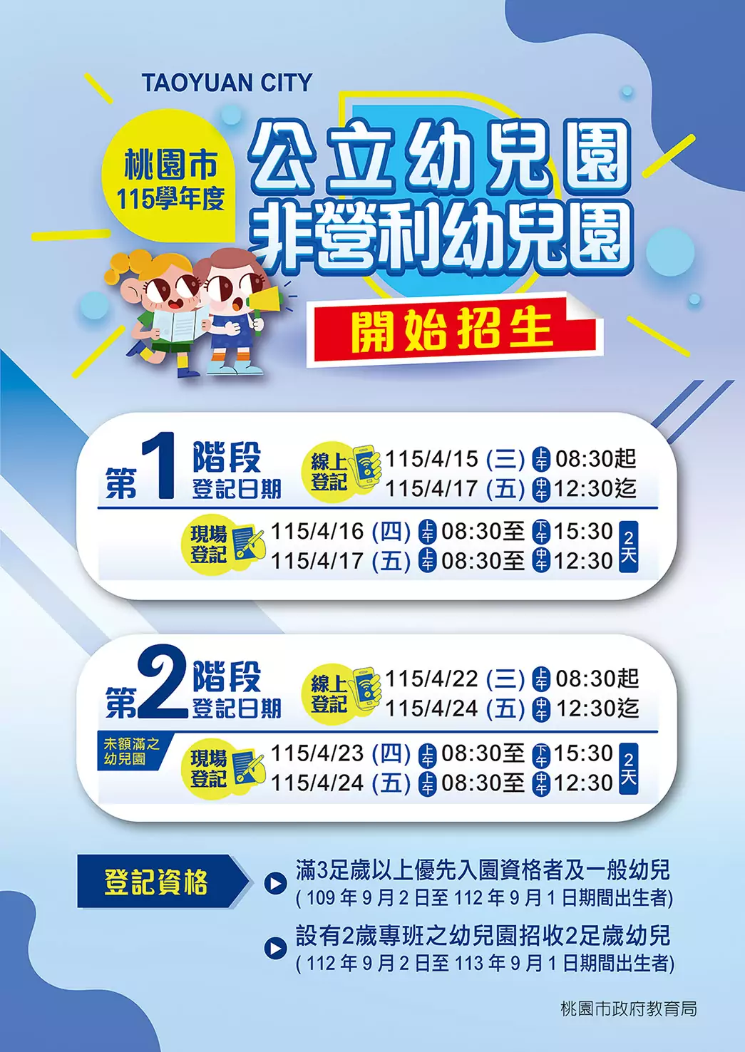 桃市公立、非營利幼兒園分兩階段招生 4/15開跑 附件115年公立幼兒園招生系統海報
