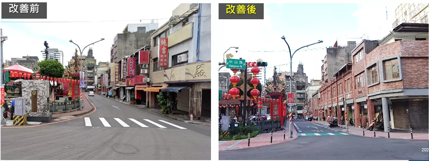 打造人本環境!桃園8大工程通過「馬路好行」初審 展開現地考評 1.景福宮周邊道路及人行道改善工程 周邊商家人行道及整體塑造整合