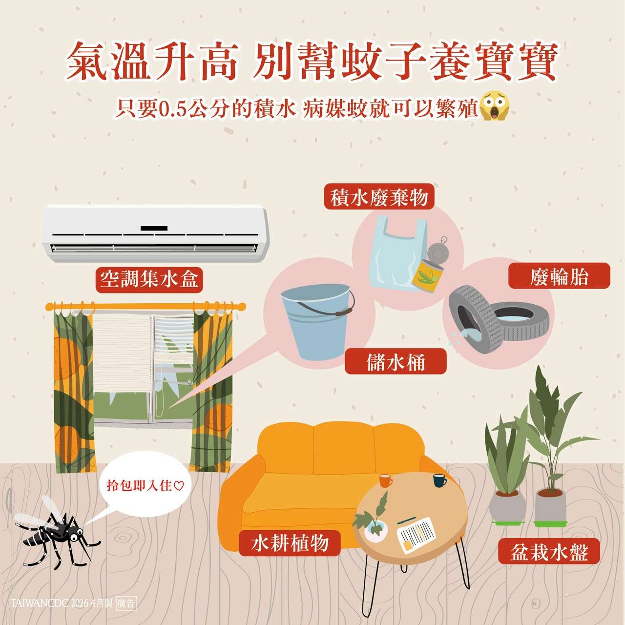 半公分積水就能產卵！疾管署籲落實巡倒清刷防登革熱