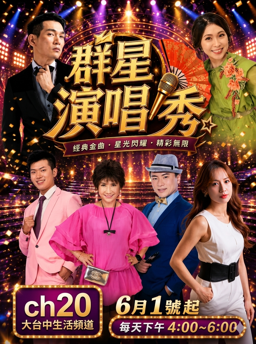 「大台中生活頻道」全新視覺娛樂饗宴!《群星演唱秀》5月20日起強勢試播 經典金曲點亮全台收視星光 「大台中生活頻道」全新視覺娛樂饗宴!《群星演唱秀》5月20日起強勢試播 經典金曲點亮全台收視星光