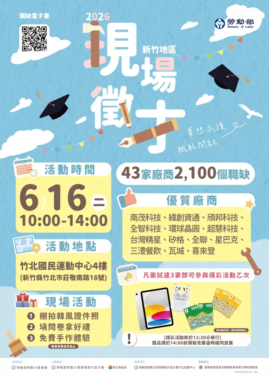 桃竹苗分署徵才活動6/16竹北登場 43廠商提供2100工作機會 S 111140901