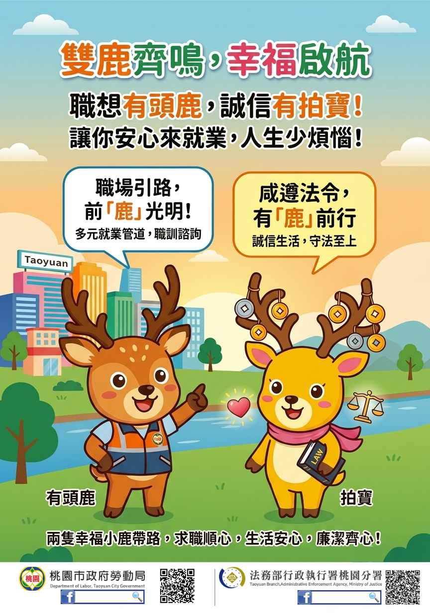 桃園分署政風室前進徵才活動 「雙鹿合體」宣導行政中立與清廉選舉 桃市府勞動局與桃分署海報 QRCode版