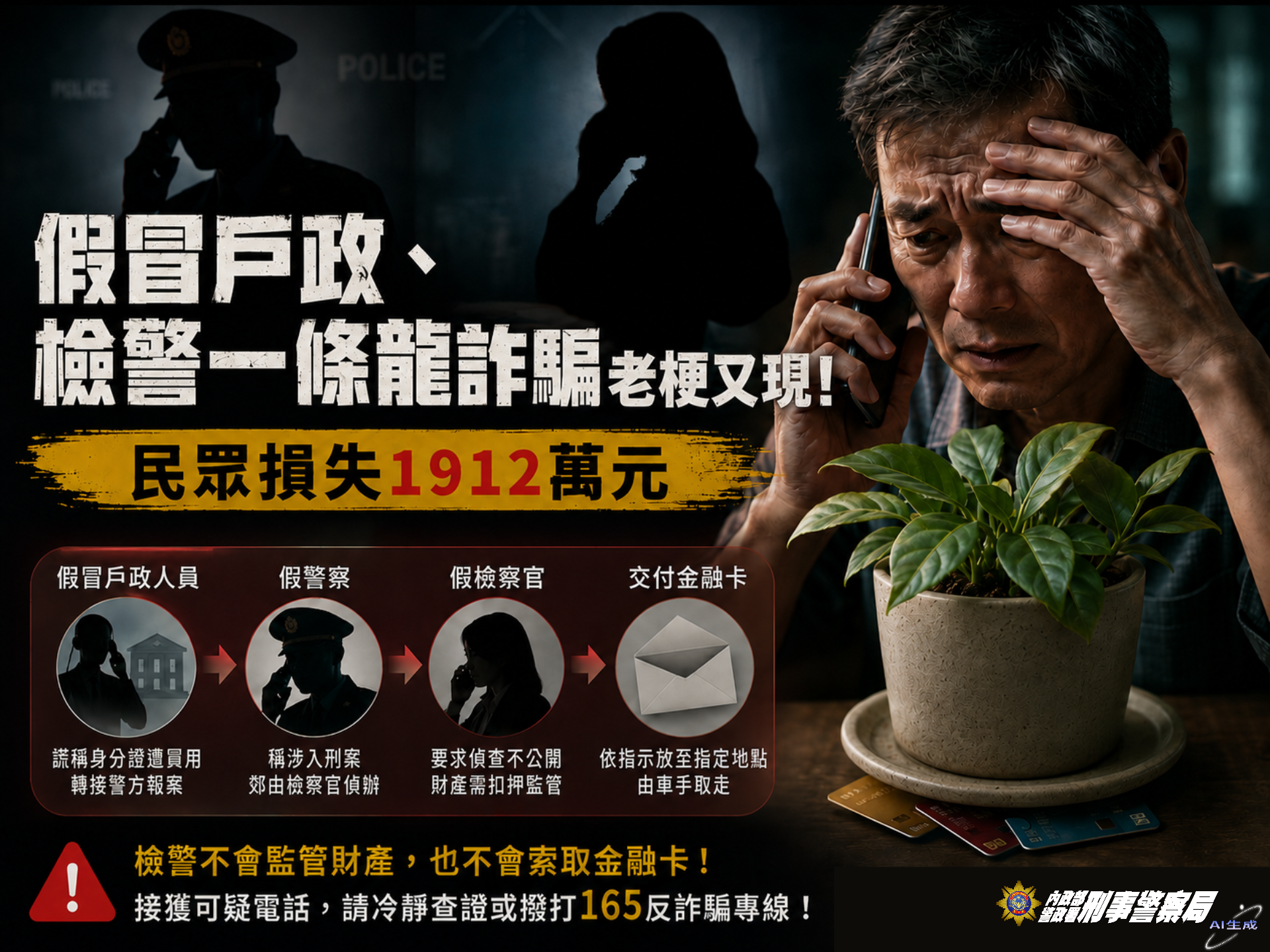 男聽信假檢警話術「金融卡藏花盆」遭取走 被騙1912萬 12454